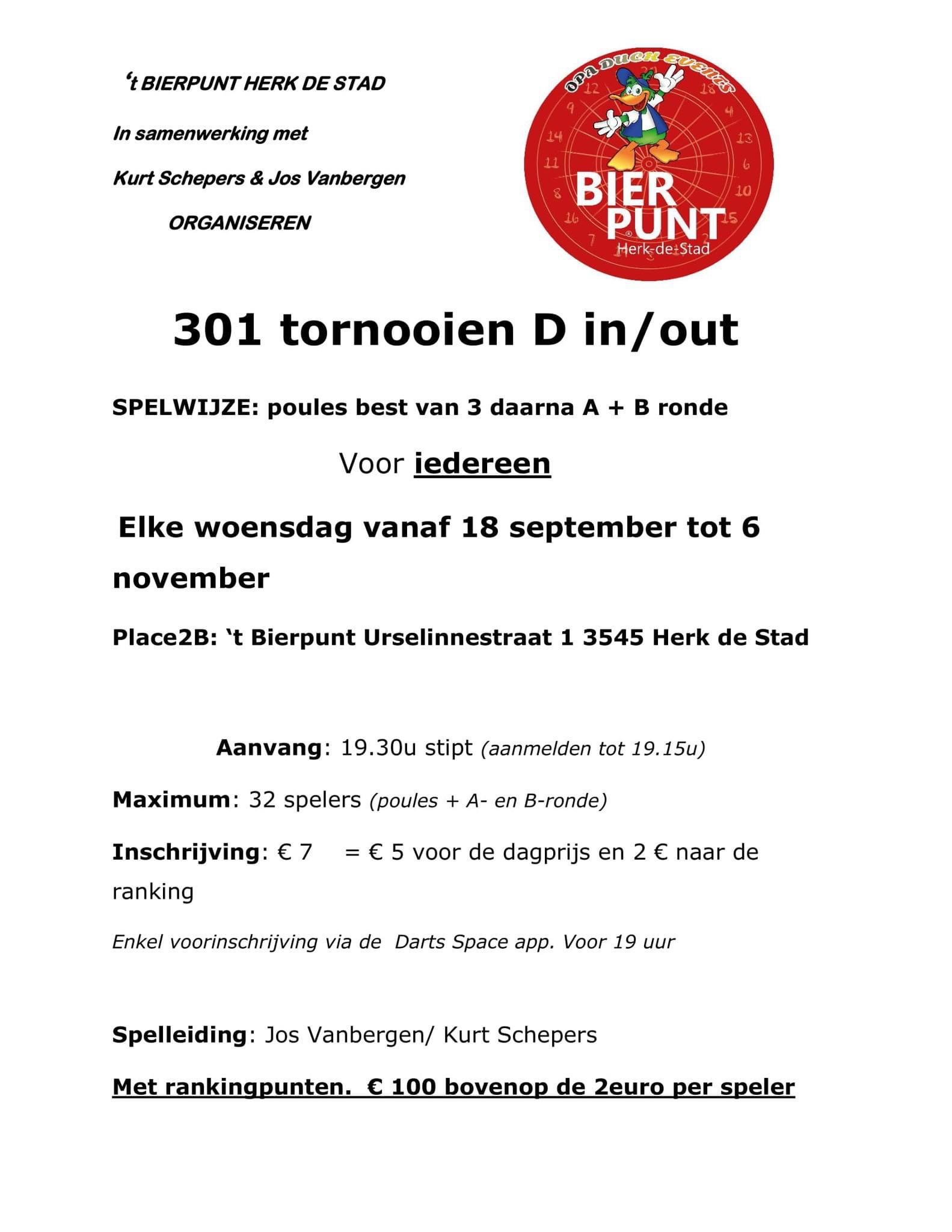 Tournament logo or poster 301 dubbel in/out Bierpunt | 301 dubbel in/out Bierpunt