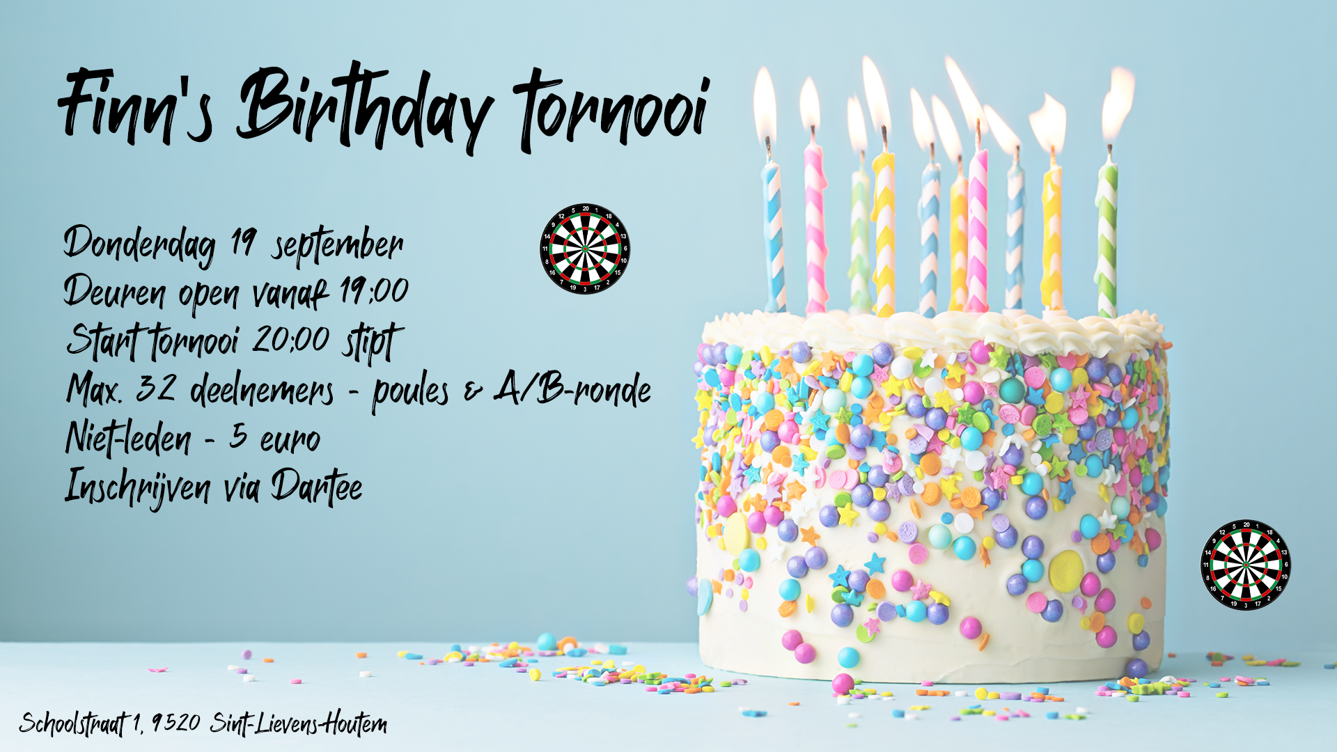 Tournament logo or poster Enkel gemengd - Allround | Finn's Birthday tornooi - Bullseye 180 Club VZW